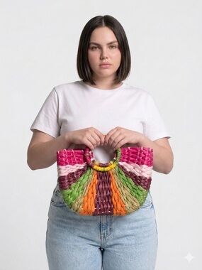 Handwoven Multicolor Straw Tote Bag with Circular Handles